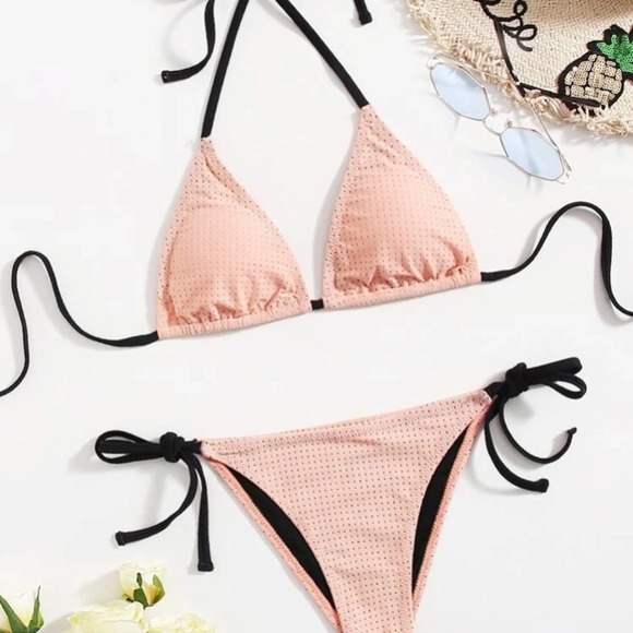 SHEIN Other - Pink halter removable pad triangle bra tie side thong bikini Sz S